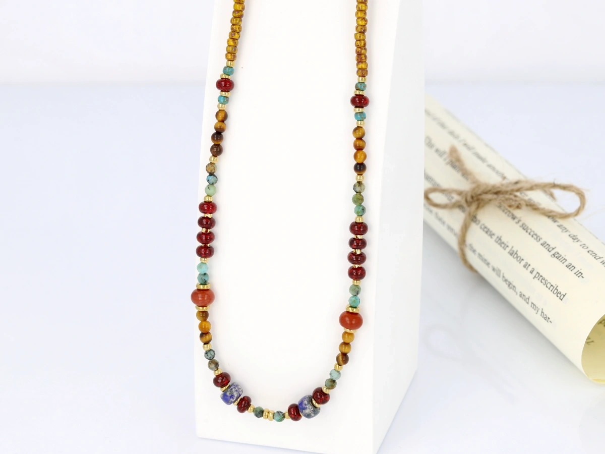 Naszyjnik tygrysie oko koral lapis lazuli