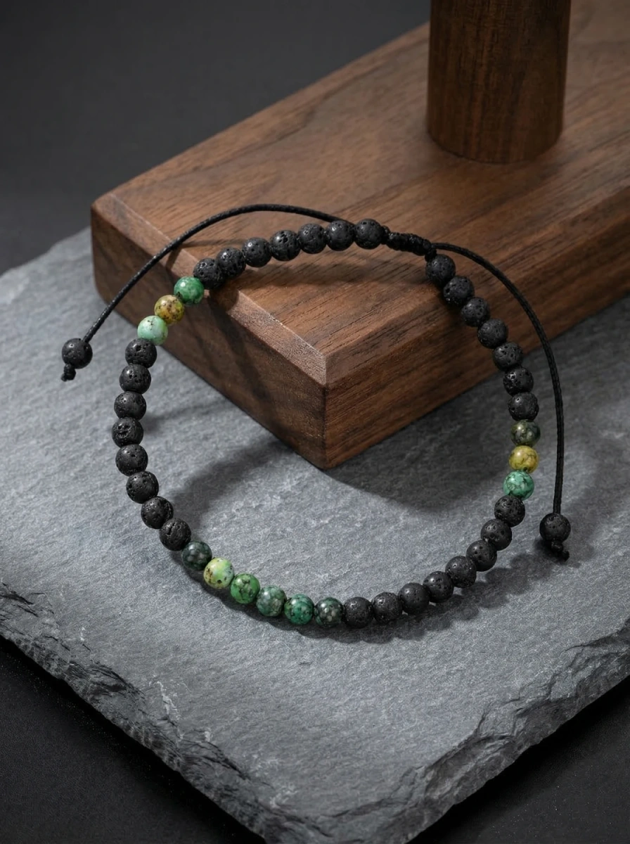 Bransoletka męska lawa wulkaniczna i turkus afrykański