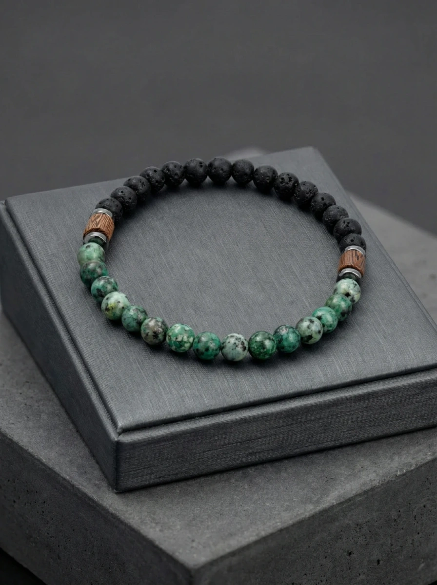 Bransoletka męska lawa wulkaniczna i turkus afrykański