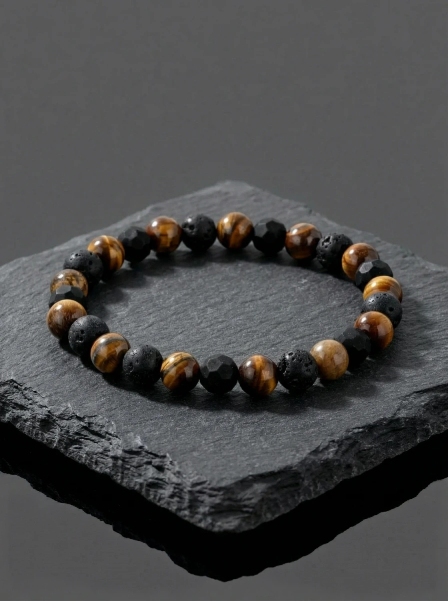 Bransoletka męska tygrysie oko lawa wulkaniczna i onyks