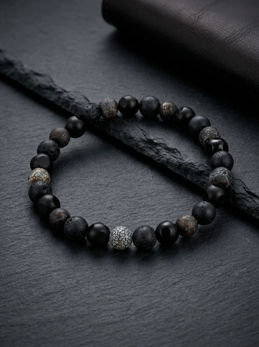 Bransoletka męska onyks, lawa wulkaniczna i agat spękany