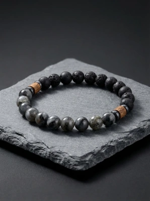 Bransoletka męska lawa wulkaniczna i labradoryt z drewnem