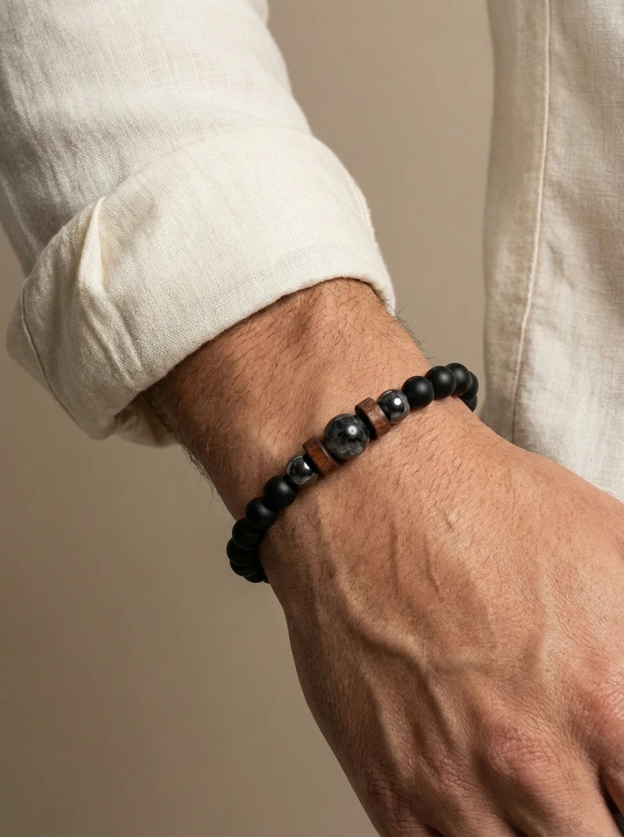 Bransoletka męska onyks z labradorytem i drewnem