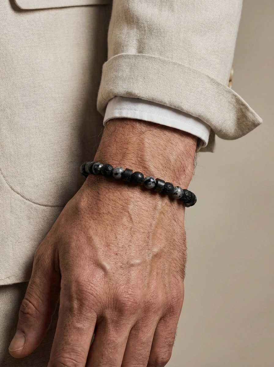 Bransoletka męska lawa wulkaniczna i labradoryt