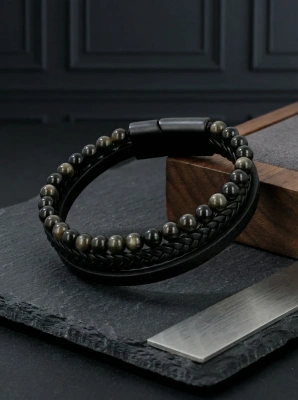 Bransoletka męska onyks i skóra pleciona
