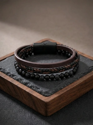 Bransoletka męska lawa wulkaniczna i skóra pleciona brązowa