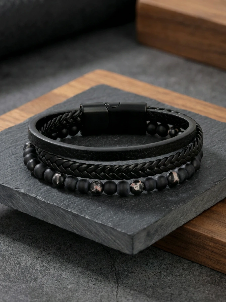 Bransoletka męska onyks i jaspis z elementami skóry