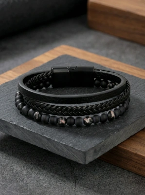 Bransoletka męska onyks i jaspis z elementami skóry