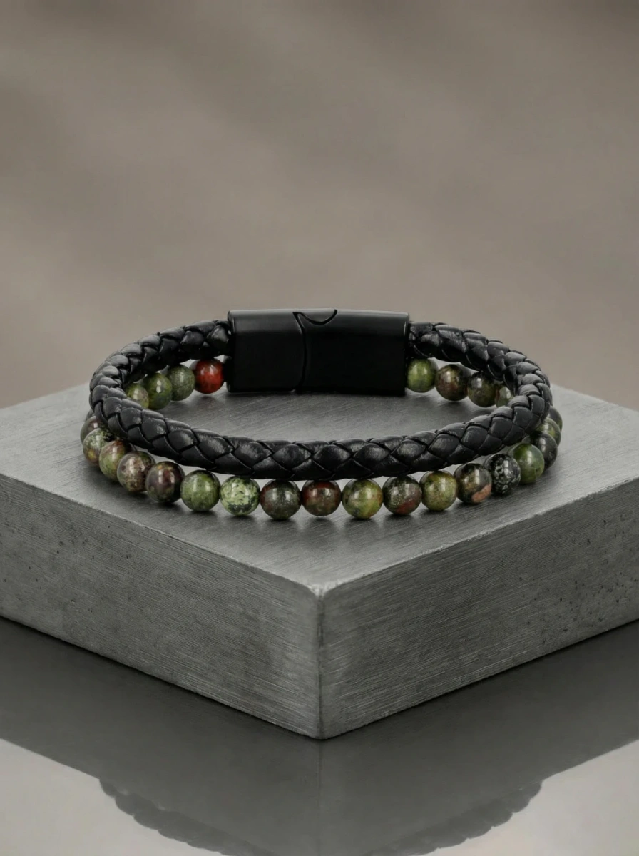 Bransoletka męska jaspis zielony i skóra pleciona