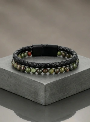 Bransoletka męska jaspis zielony i skóra pleciona