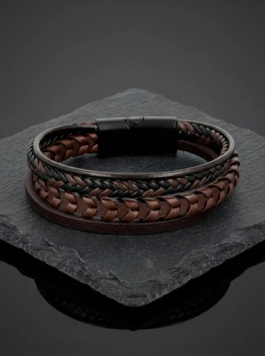 Bransoletka męska skórzana pleciona brązowa