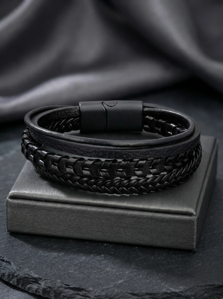 Bransoletka męska skórzana pleciona czarna