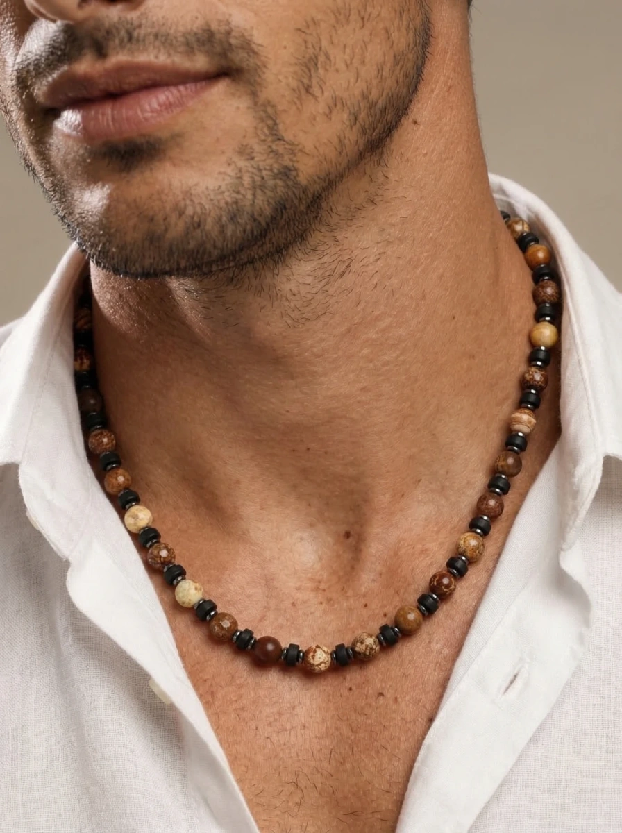 Naszyjnik męski jaspis brązowy