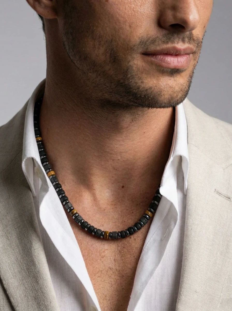 Naszyjnik męski hematyt i lawa wulkaniczna