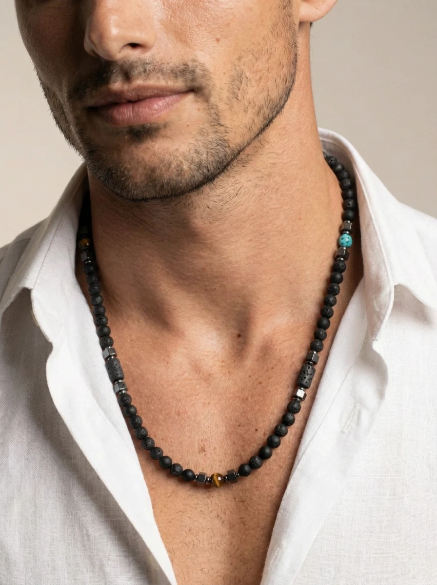Naszyjnik męski onyks, hematyt i lawa