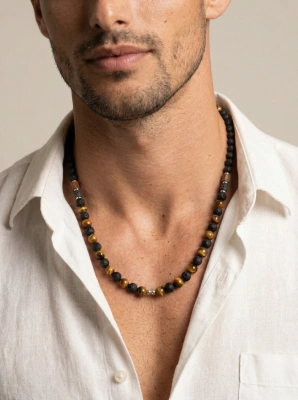 Naszyjnik męski tygrysie oko i lawa wulkaniczna