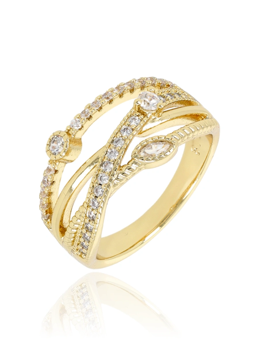 Pierścionek złoty kompozycja linii z kryształkami